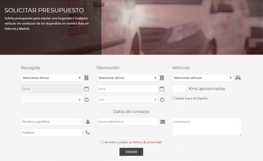 Solicitar presupuesto alquiler furgoneta en Valencia